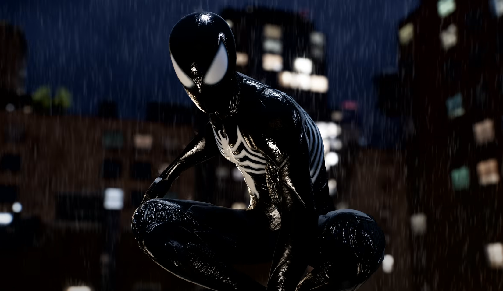 Peter perched upon a rooftop in the rain, wearing the Venom symbiote.