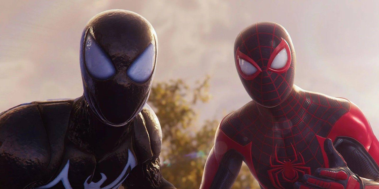 Miles Morales in Black/Red Spider-Man suit, Peter Parker in Black Spider-Man suit. From Marvel's Spider-Man 2.