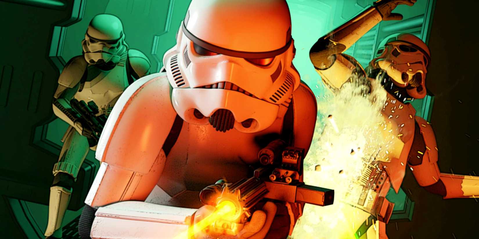 Three Star Wars stormtroopers in a firefight. The centered one is firing a blaster, while one over their shoulder to the right is being hit by one.