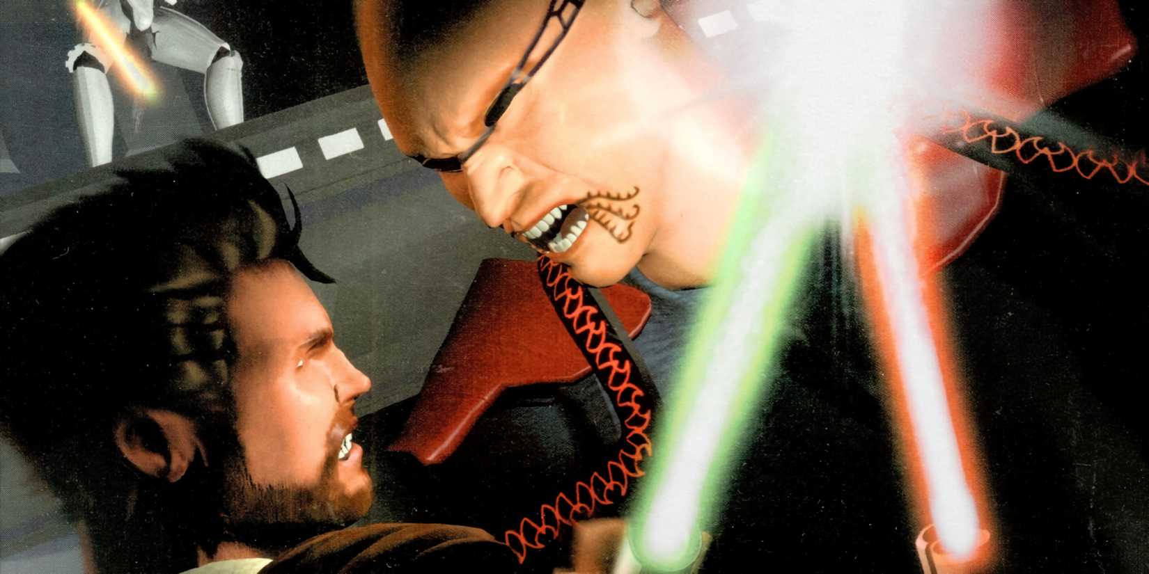 Cropped cover art for Star Wars Jedi Knight: Dark Forces 2, showing a Jedi and Sith in a lightsaber lock. A stormtroopers legs can be seen in the background, firing a blaster form above.