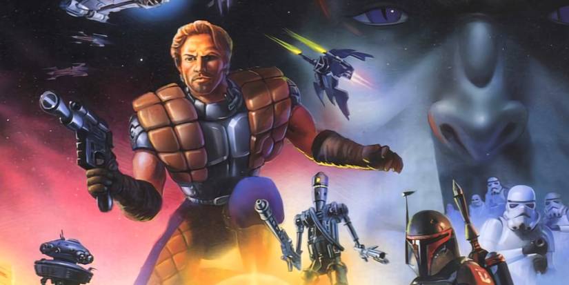 Cover art for Star Wars: Shadows of the Empire, showing Dash Rendar pointing a blaster while surrounded by a number of other characters and flying ships.