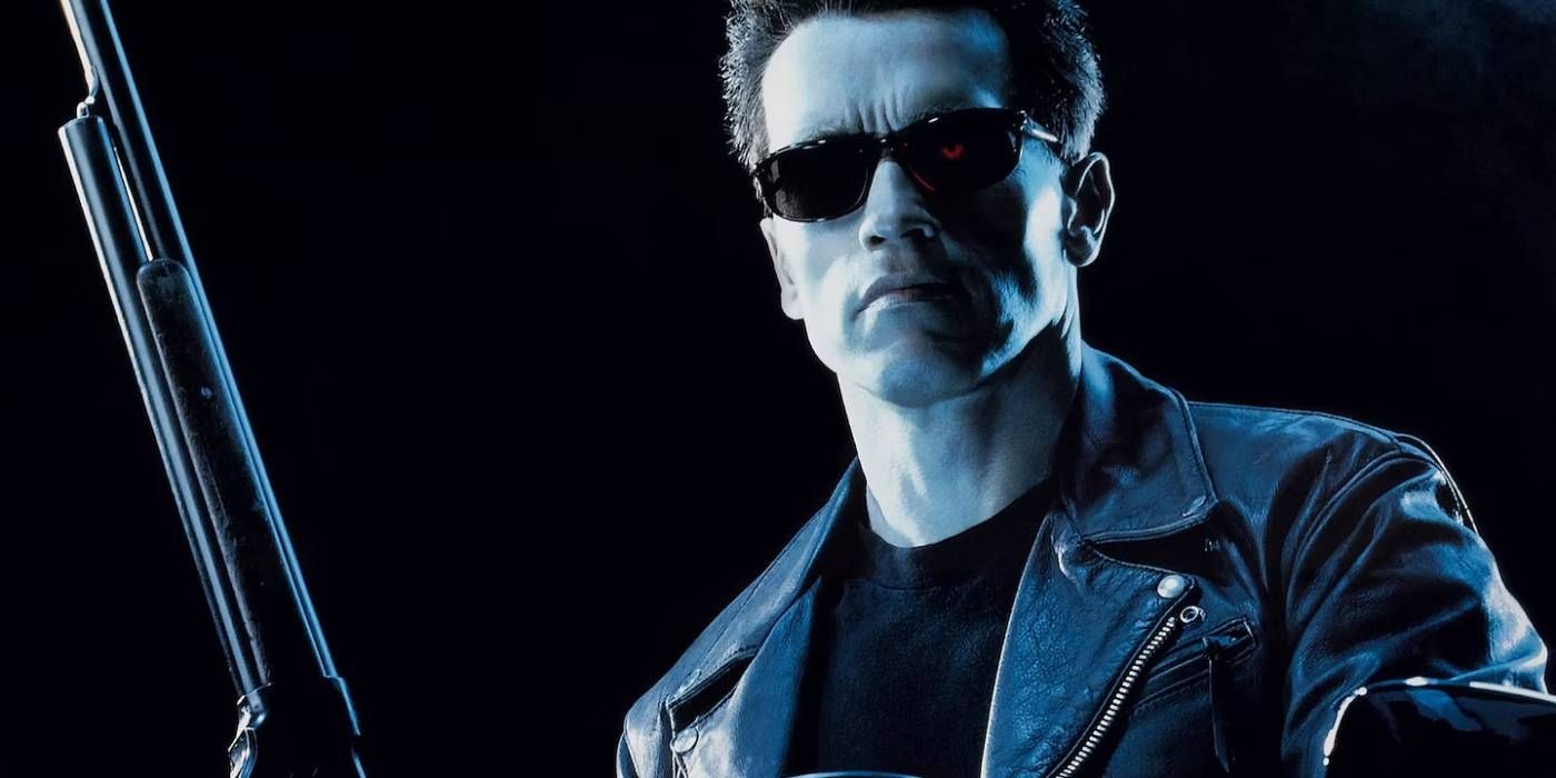 Arnold Schwarzenegger as the Terminator on the poster of Terminator 2: Judgment Day.