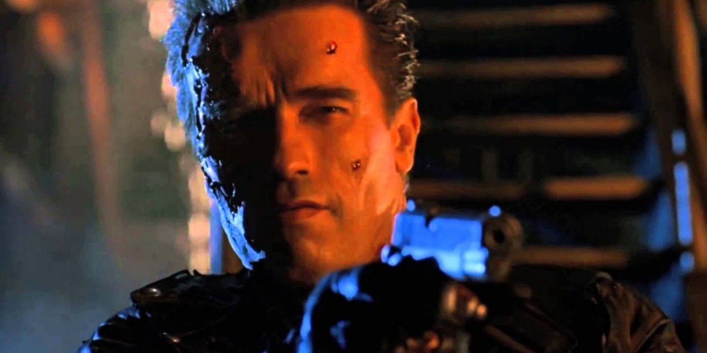 Arnold Schwarzenegger as The Terminator Saying Hasta La Vista, Baby