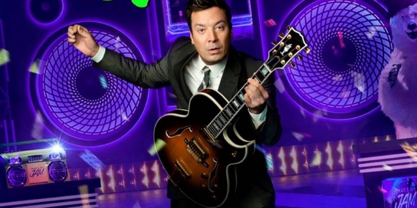 Taylor Swift Defends Jimmy Fallon For Being Apolitical That's My Jam poster featuring Jimmy Fallon playing a guitar