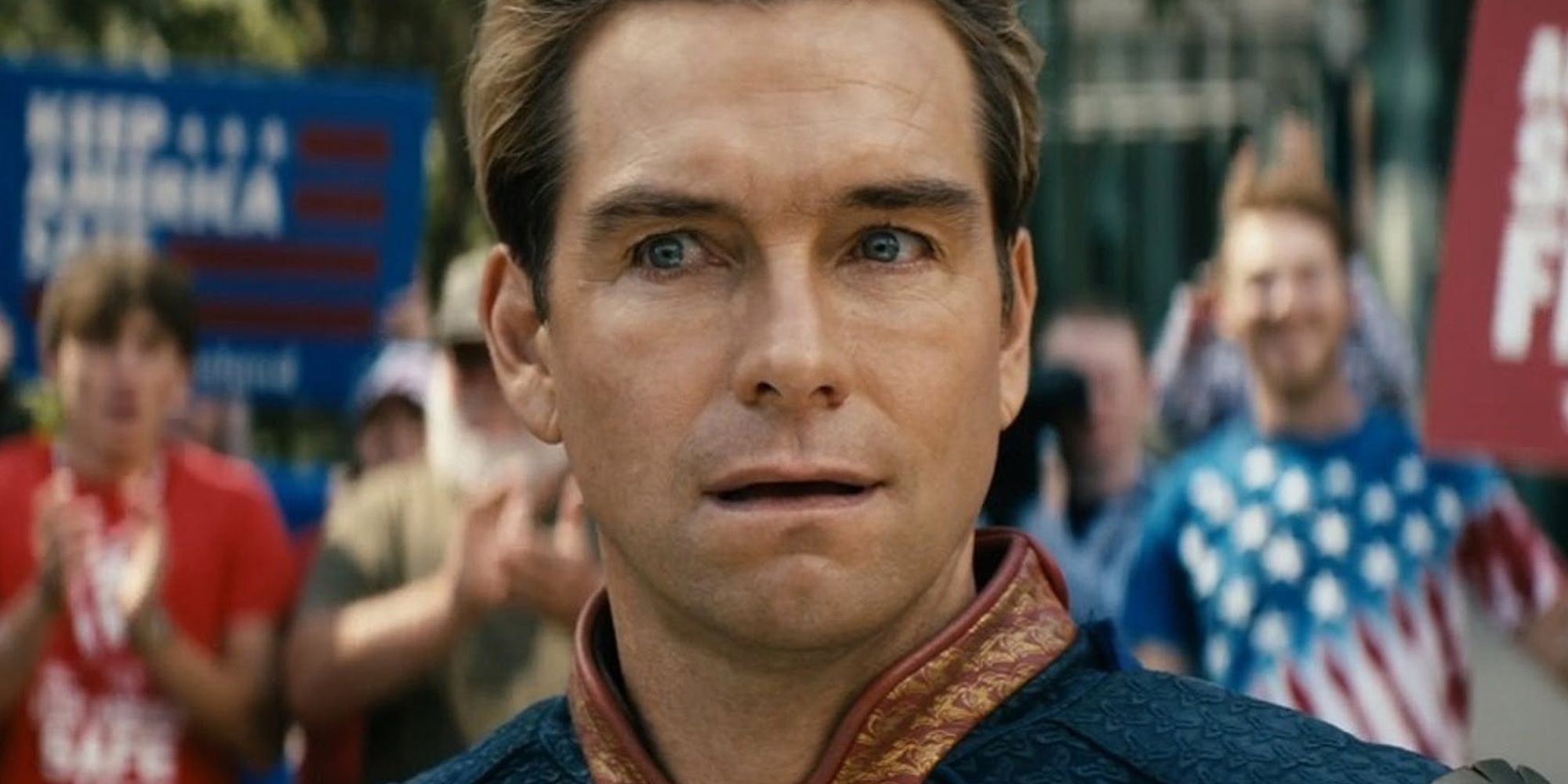 Closeup of Anthony Starr as Homelander, looking uneasy with his mouth open in The Boys Season 3