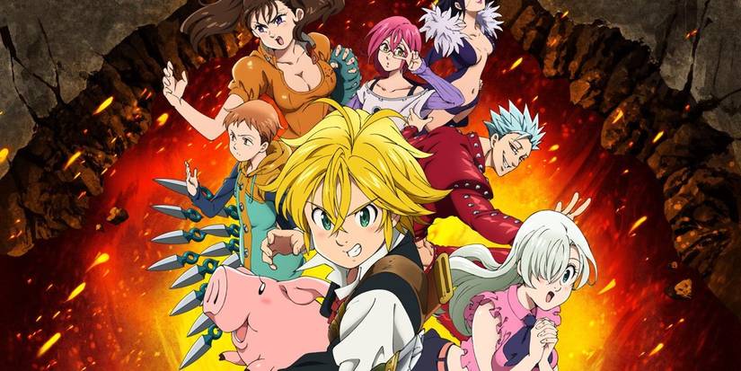 The cast of the Seven Deadly Sins with Meliodas, Elizabeth, Hawk, and other members. 