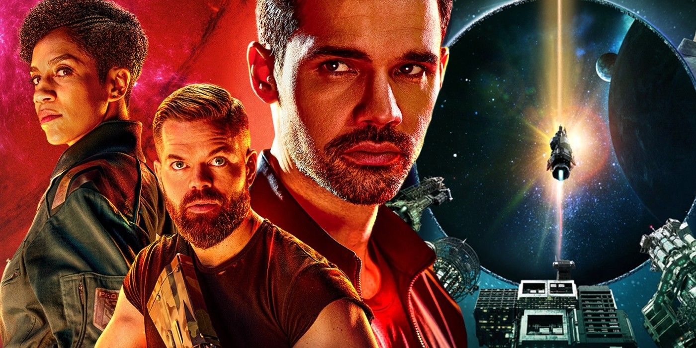 A blended image of Naomi, Amos, and Holden from The Expanse, with the Ring Network to the right