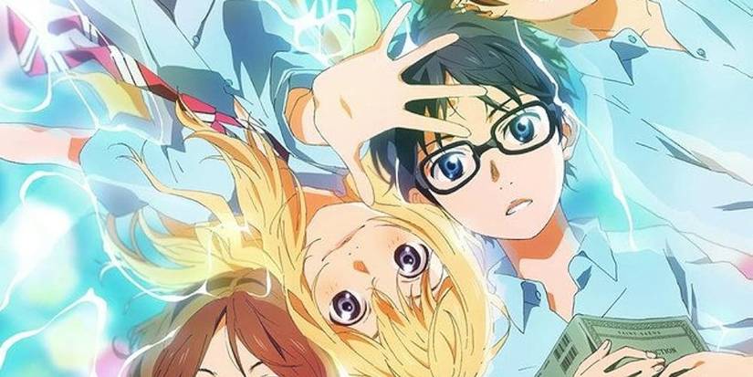 The main characters in Your Lie in April Kōsei and Kaori laying next to each other