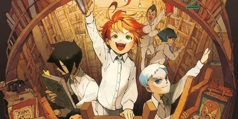 The Promised Neverland promotional image featuring Ray, Emma, Norman, and others in a library