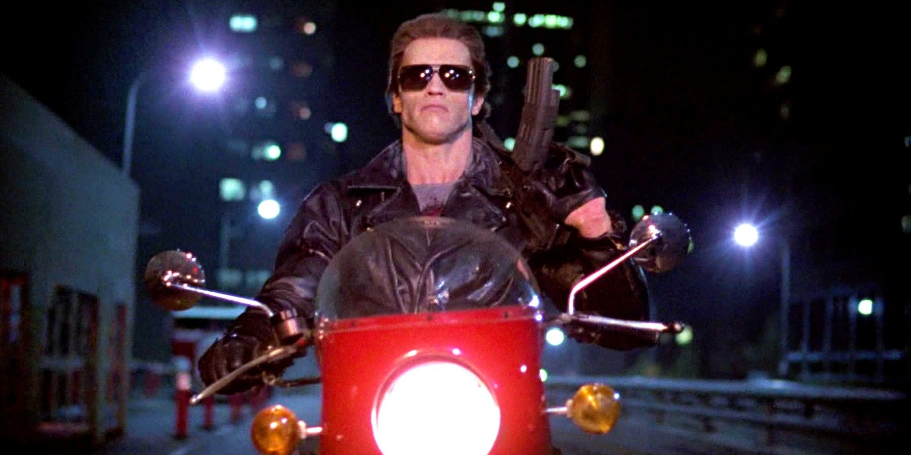 Arnold Schwarzenegger riding a motorcycle in The Terminator