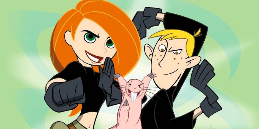 Kim and Ron are posing with Rufus in Kim Possible