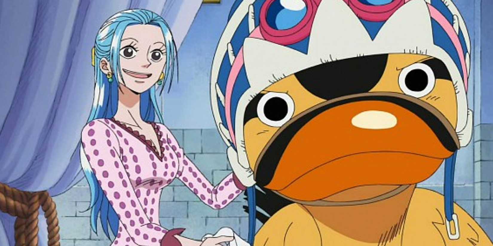 Vivi sorrindo ao lado de Karoo, o pato gigante, em One Piece
