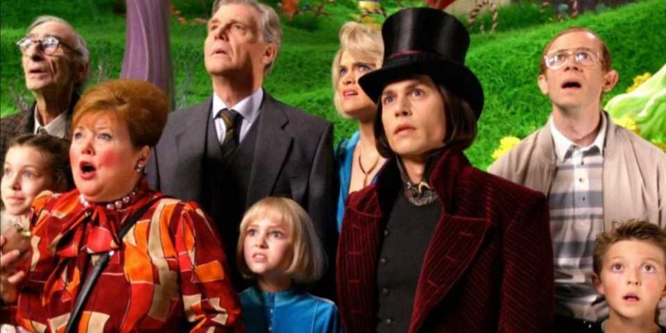 Willy Wonka and the Group Watching Augustus Get Stuck in the Tube in 2005's Charlie and the Chocolate Factory