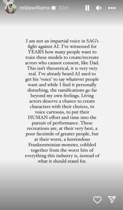 Zelda Williams statement from Instagram stories about AI recreating actors voices