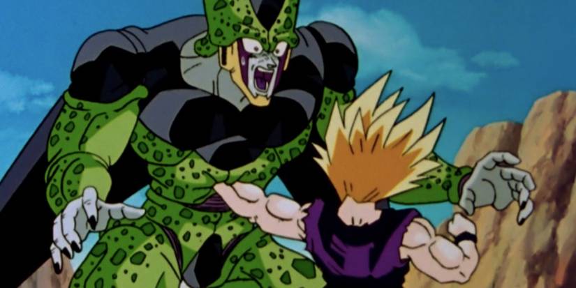 Super Saiyan 2 punches a shocked Cell straight in the stomach in Dragon Ball Z.