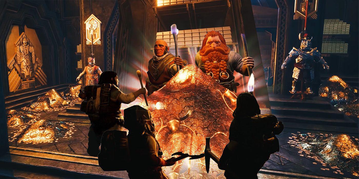Dwarves standing around a pile of gold in The Lord of the Rings: Return to Moria.