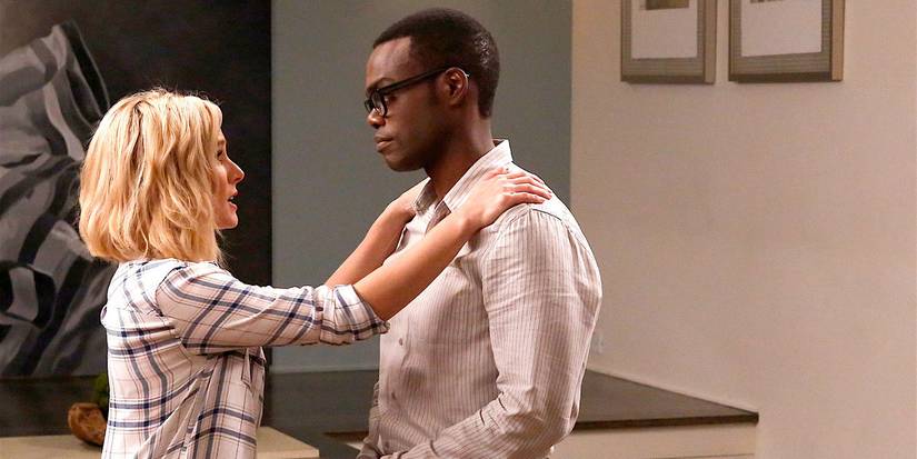 Eleanor Holding Chidi in The Good Place