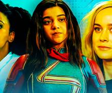 Стилизованное разделенное изображение Моники Рэмбу, Камы Кхан и Карл Дэверс в "The Marvels"