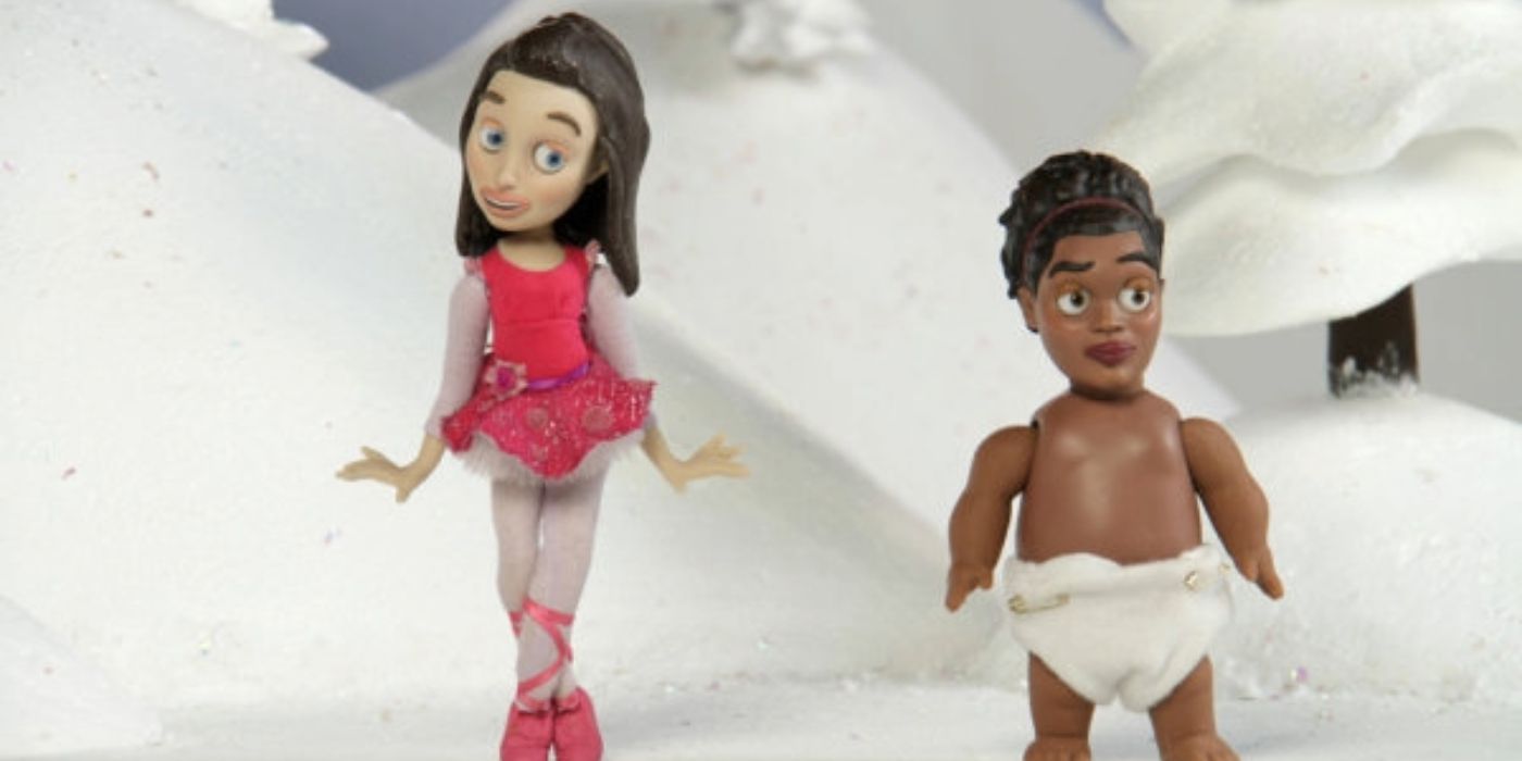 Abed&rsquo;s Uncontrollable Christmas - stop motion Shirley and Annie in a snowy field