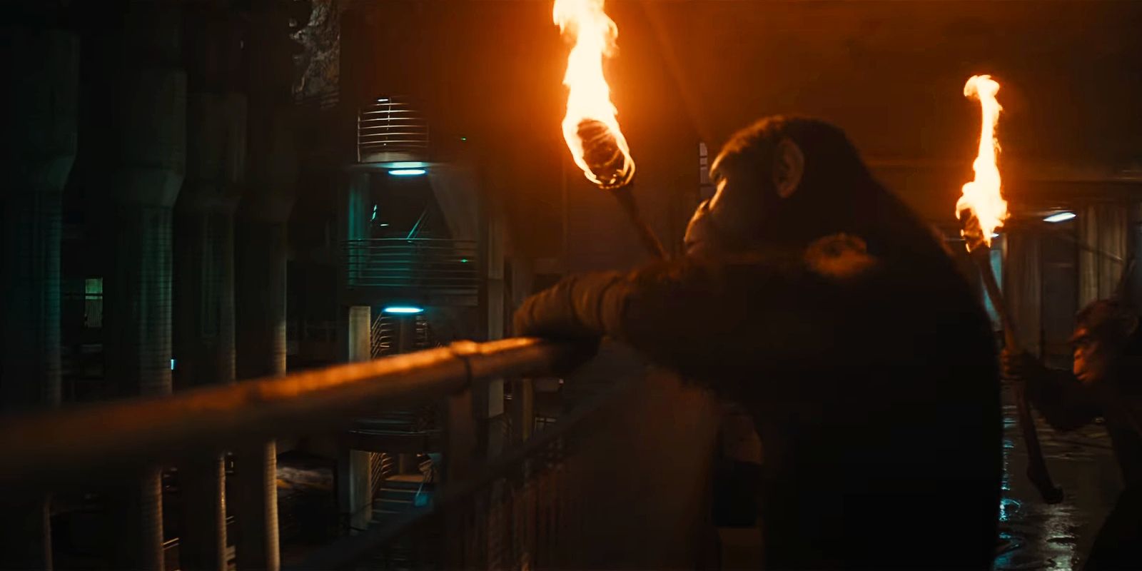 An ape holds up a torch to look at the underground tunnel in Kingdom of the Planet of the Apes