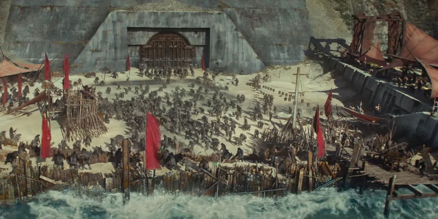 A ape society next to an ocean in Kingdom of the Planet of the Apes