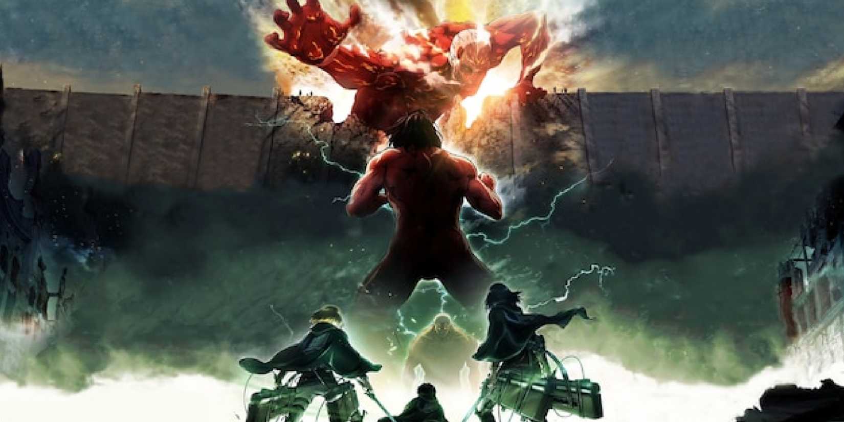 Attack On Titan poster featuring Mikasa and Armin at ground level while Eren fights the colossal titan in his attack titan form.