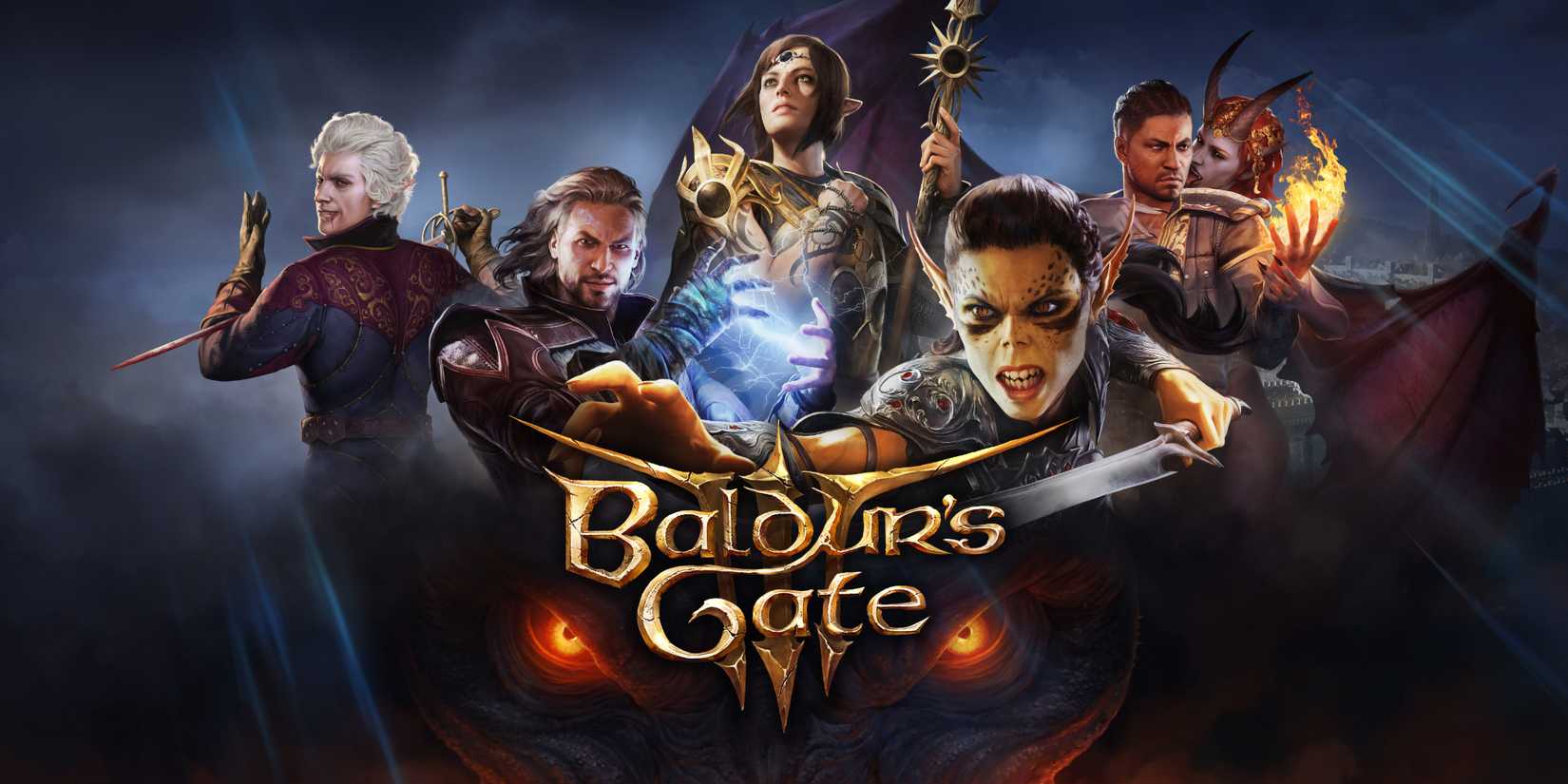 Key art for Baldur's Gate 3, showing multiple characters surrounding the game's logo.