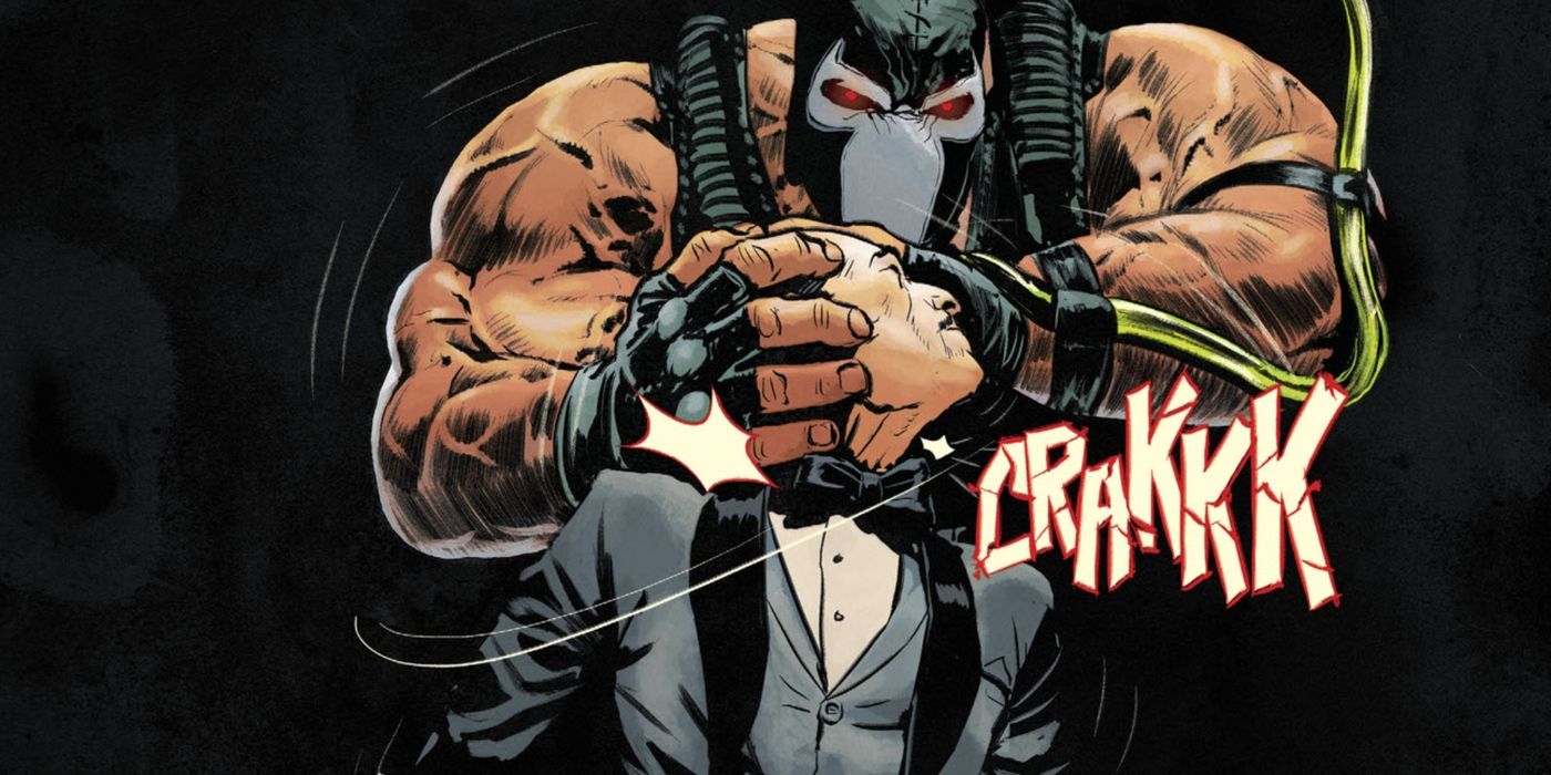 Comic book panel: Bane snaps Alfred Pennyworth's neck in front of Robin in Batman #77
