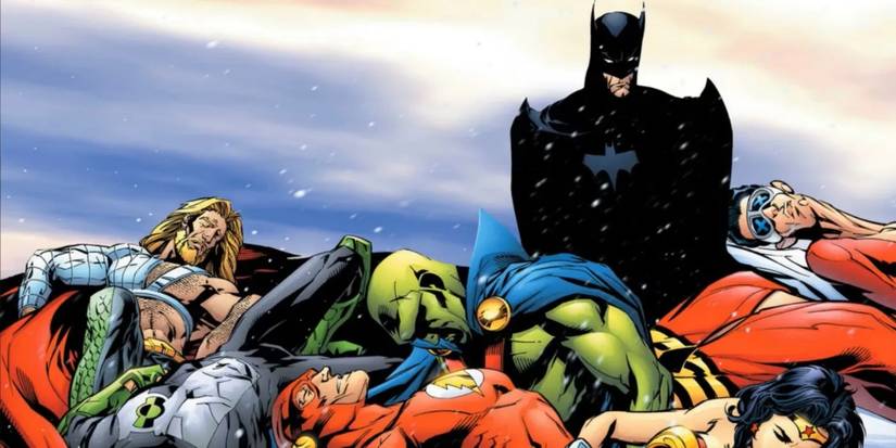 Çizgi roman sanatı: Batman Tower of Babel Cover'da Dövülmüş Adalet Ligi üzerinde duran
