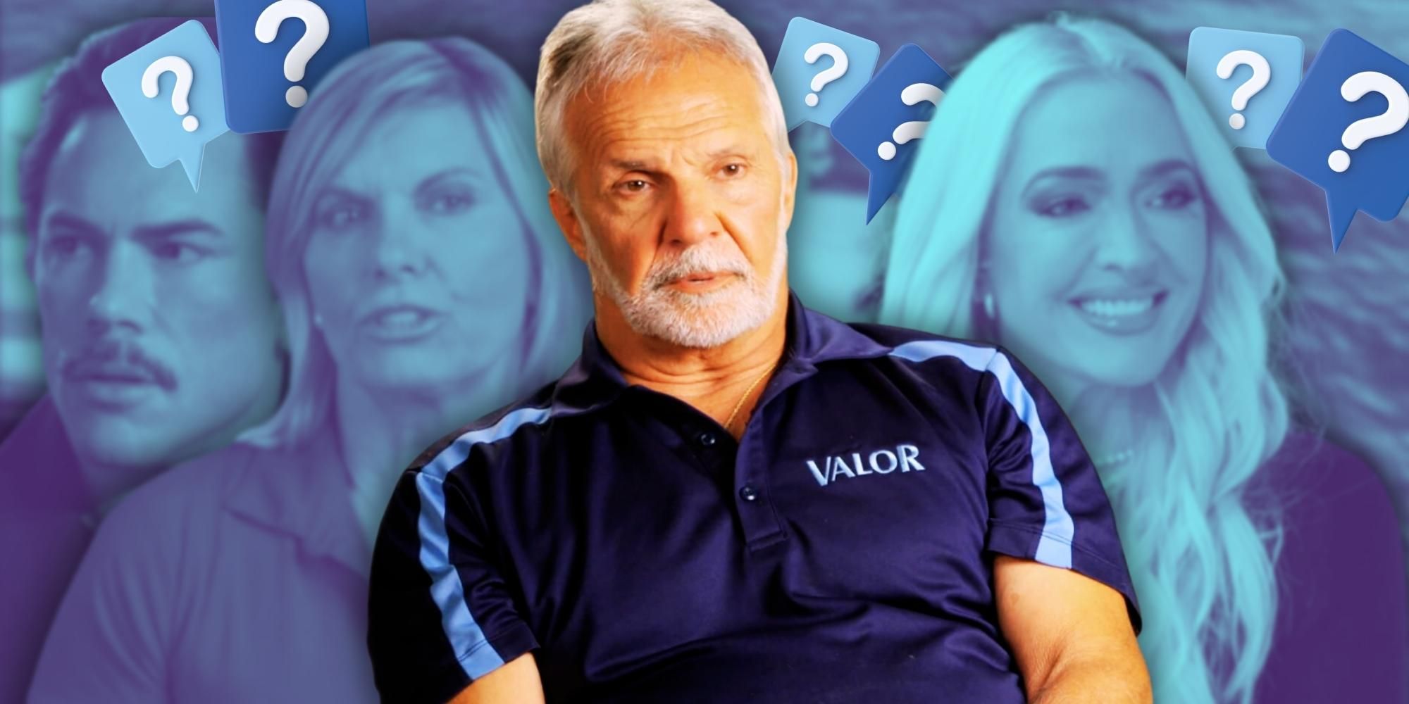 Below Deck's Captain Lee, flanked by Vanderpump Rules Tom Sandoval, Below Deck Med's Captain Sandy Yawn, and Real Housewives star Erika Jayne, with question marks above their heads