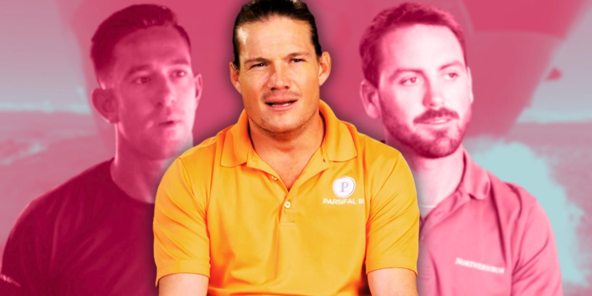 Gary King Peter Hunziker, and Luke Jones from below Deck franchise with pink filtered background