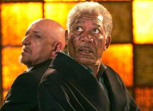 Ben Kingsley and Morgan Freeman in Lucky Number Slevin seated back to back