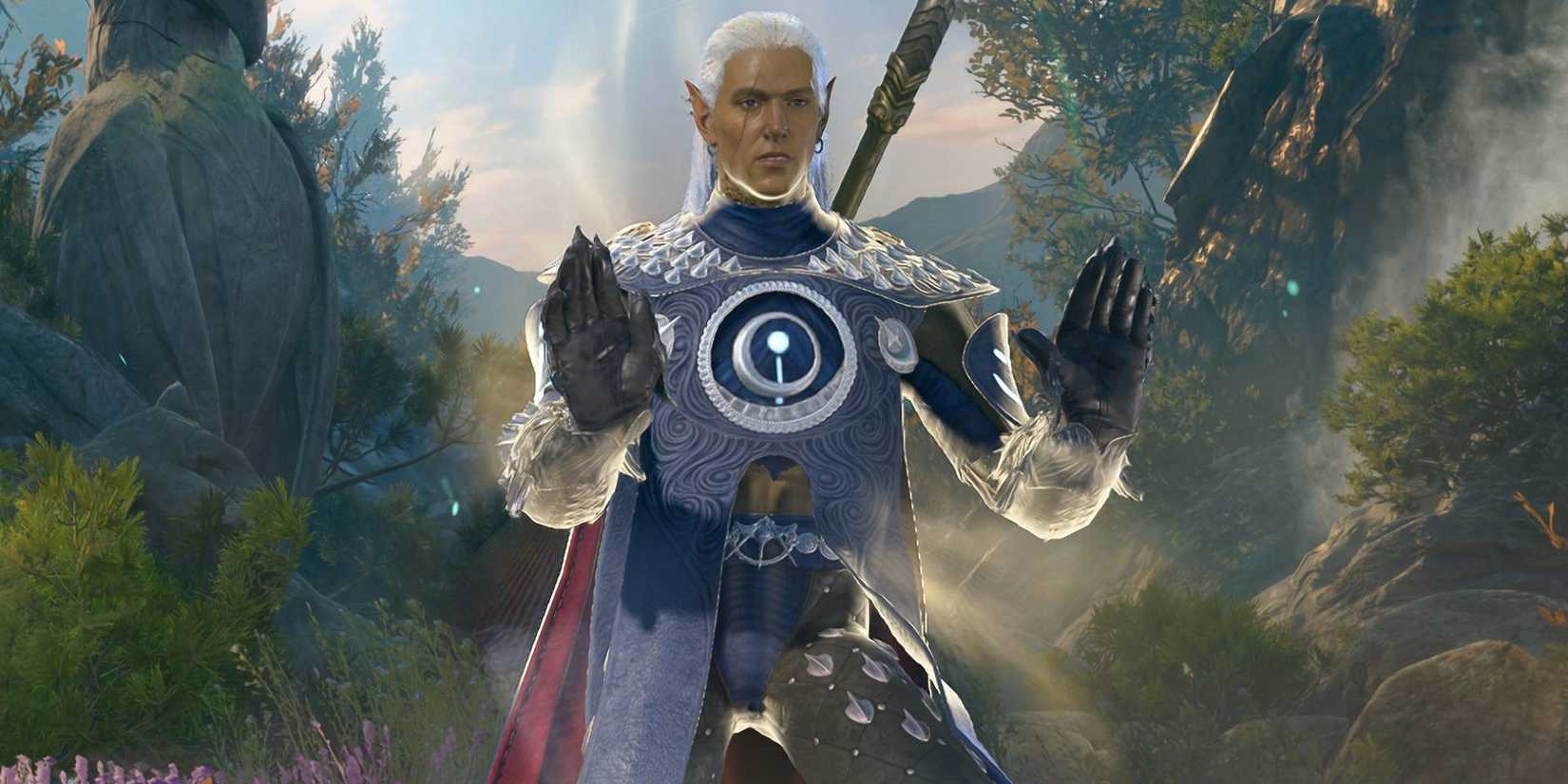 An elvish monk in a screenshot from Baldur's Gate 3, standing on the character creation screen with open hands outstretched.