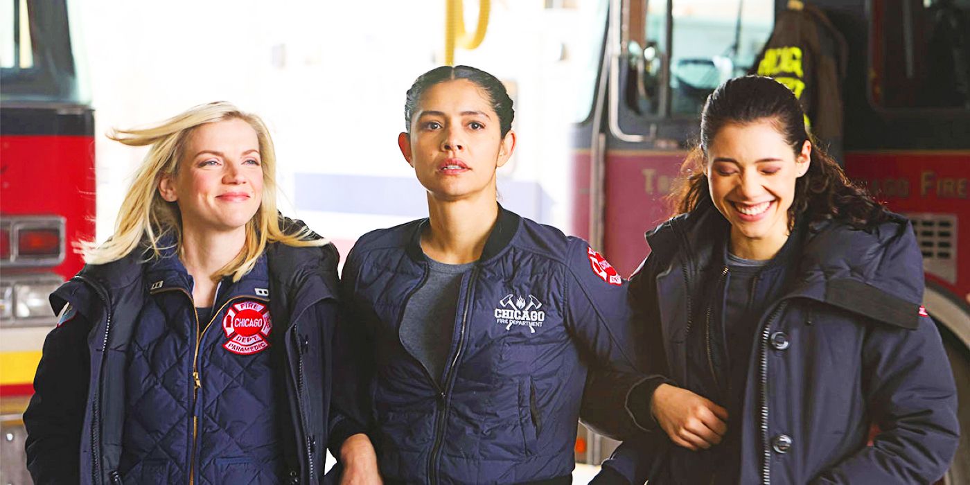 Brett, Kidd, and Violet at Firehouse 51 in front of fire trucks in Chicago Fire