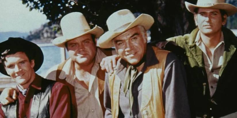 Pernell Roberts, Dan Blocker, Lorne Greene, and Michael Landon as Adam, Hoss, Ben, and Little Joe Cartwright in Bonanza