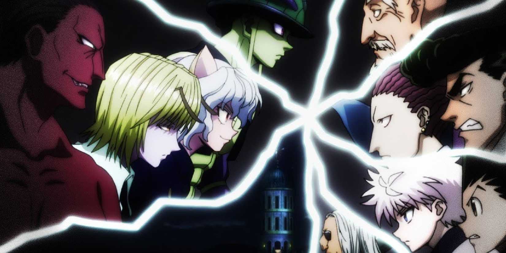 Chimera Ants face off against the Hunters with a lightning pattern separating them in Hunter x Hunter.