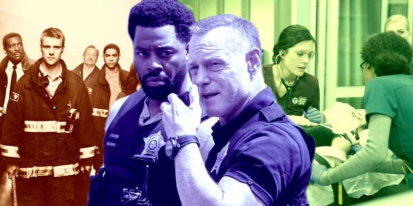Collage of characters from Chicago Fire, PD, and Med.