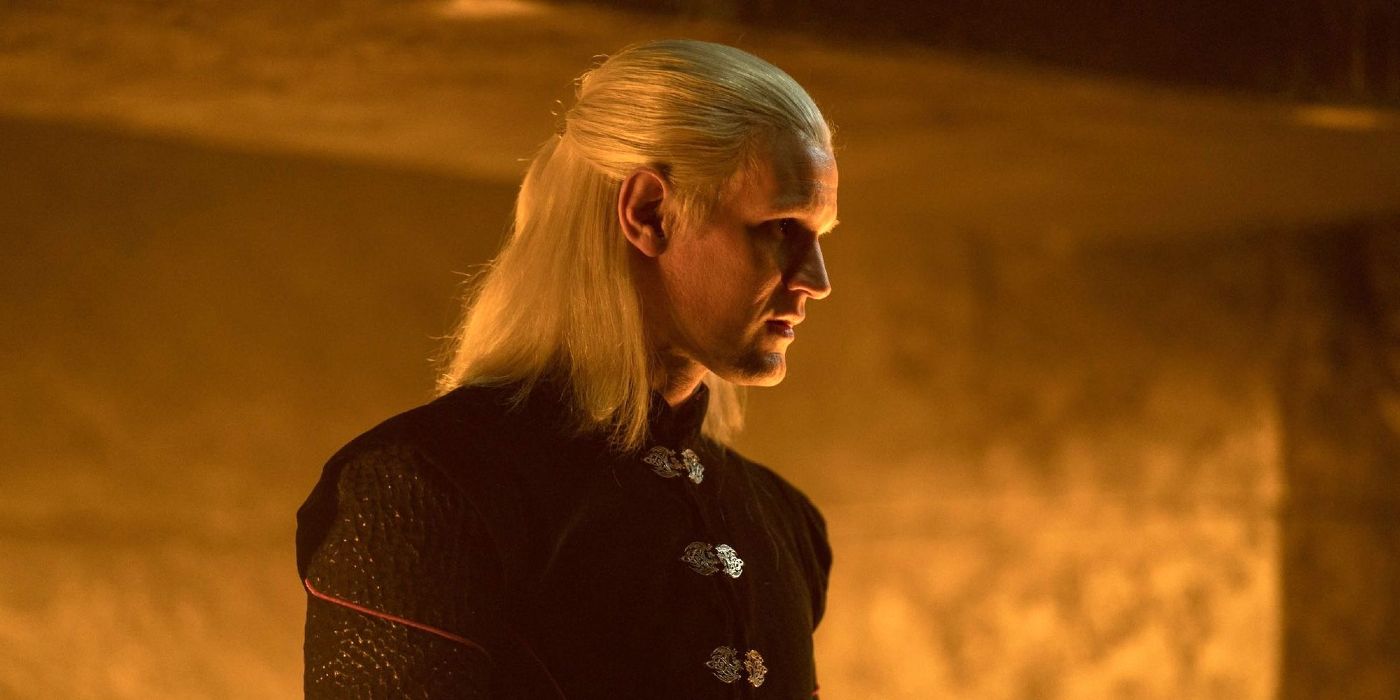 Matt Smith as Daemon Targaryen looking angry with background glowing thanks to a fire in House of the Dragon-1