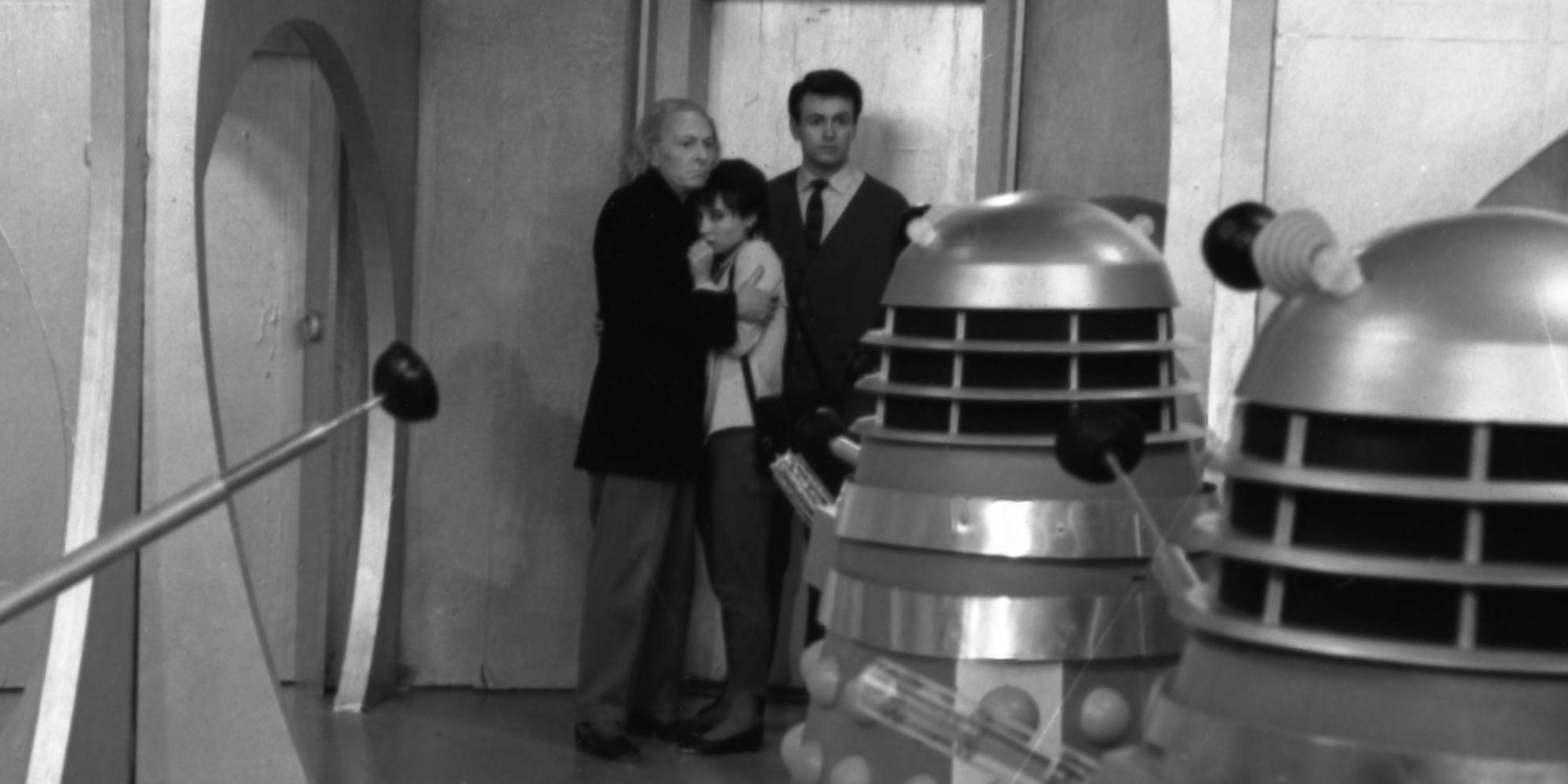 The Doctor, Susan, Ian and the Daleks in Doctor Who.