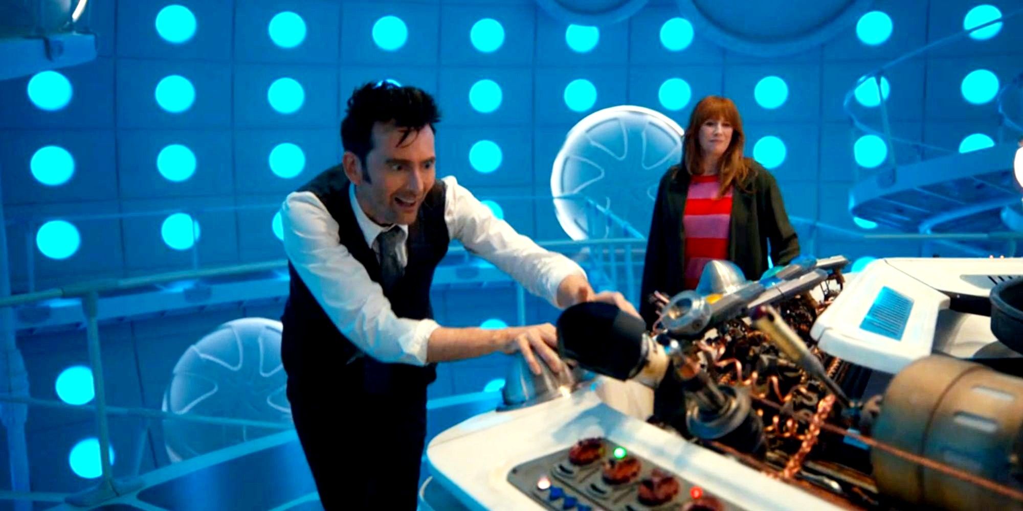 David Tennant as the Fourteenth Doctor and Catherine Tate as Donna Noble in the TARDIS