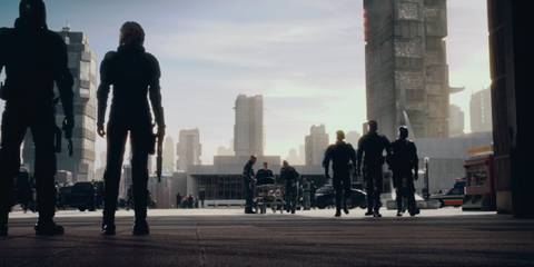 Characters in silhouette including some judges in Dredd (2012)