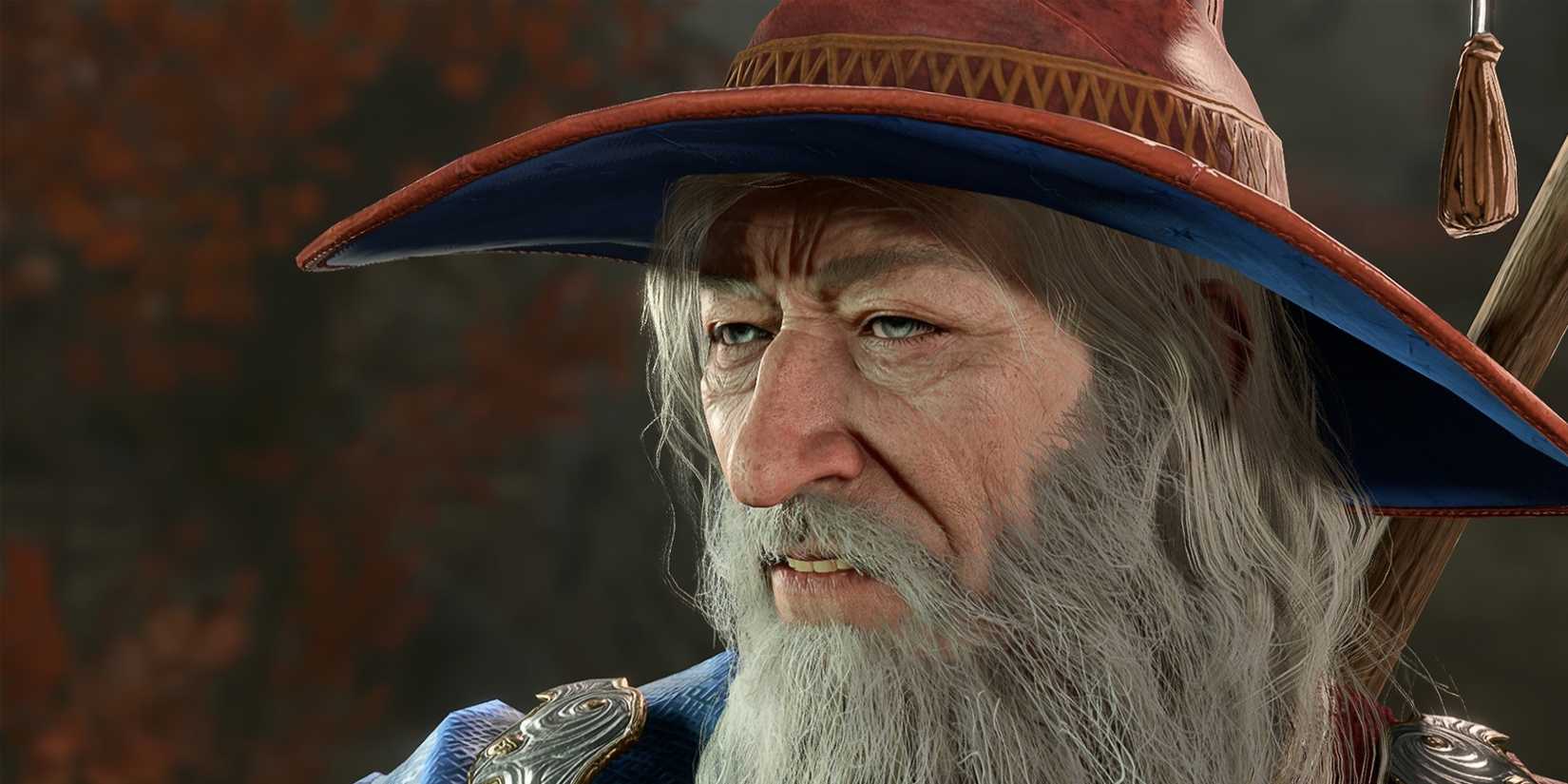 Nahaufnahme des runzligen Zauberers Elminster in Baldur's Gate 3.