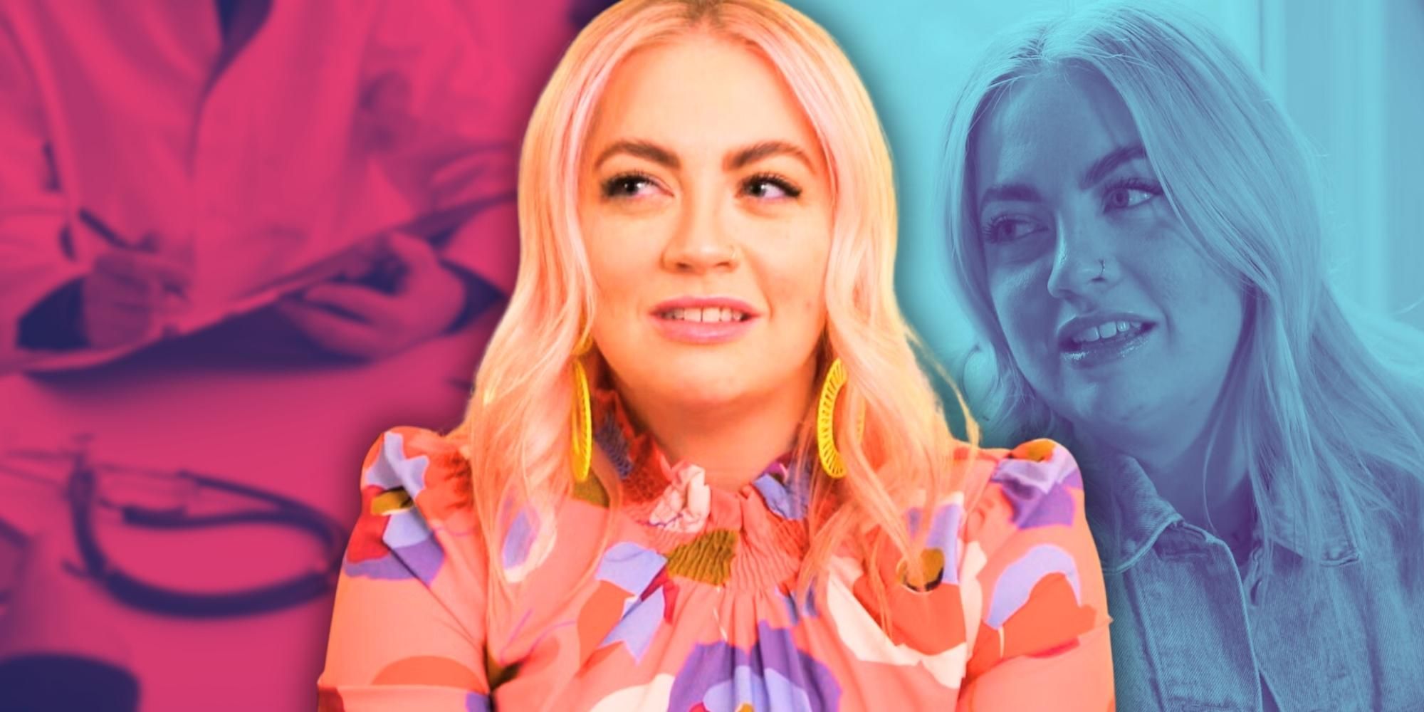 Married At First Sight Season 17's Becca wearing orange shirt and yellow hoop earrings with red and blue background photos behind her