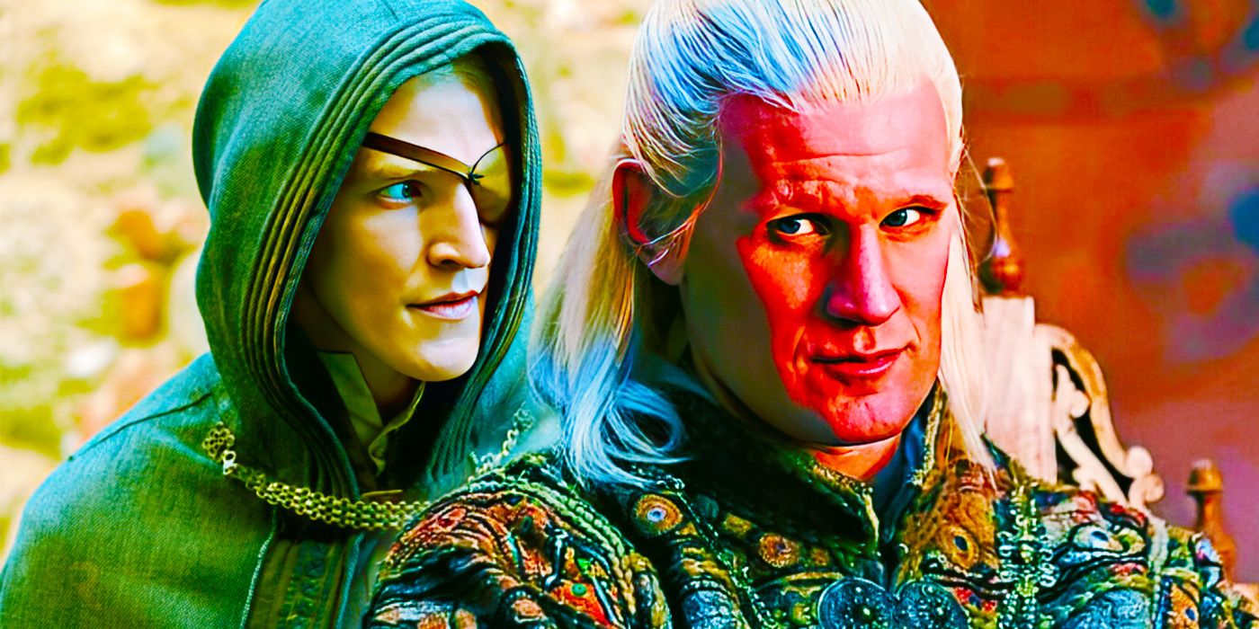 Ewan Mitchell as Aemond Targaryen, wearing eyepatch and cloak, along with matt Smith as Daemon Targaryen in ornate, regal clothing in House of the Dragon