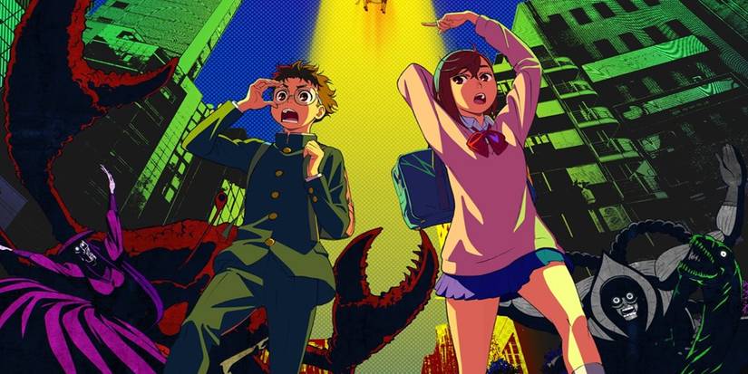 Визуальное оформление аниме "Dandadan" с Момо и Окараном, убегающими от монстров