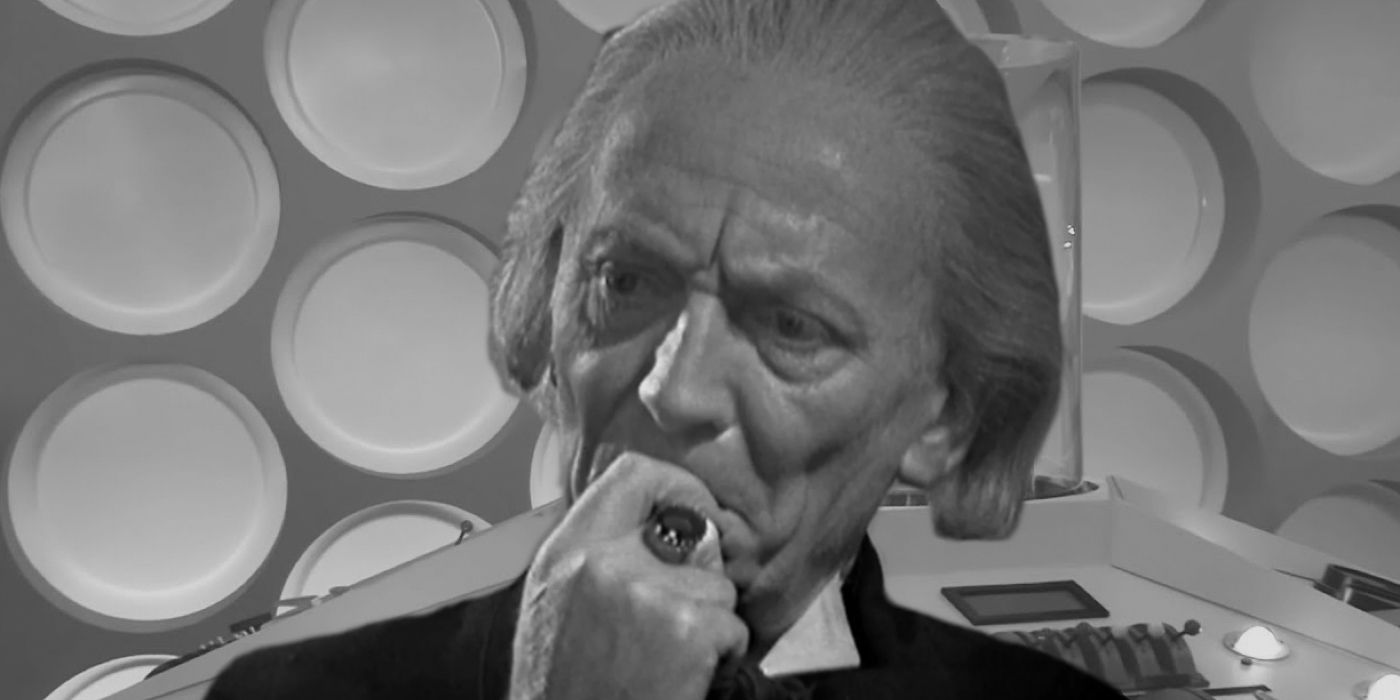 William Hartnell as the First Doctor in the TARDIS thinking in Doctor Who.