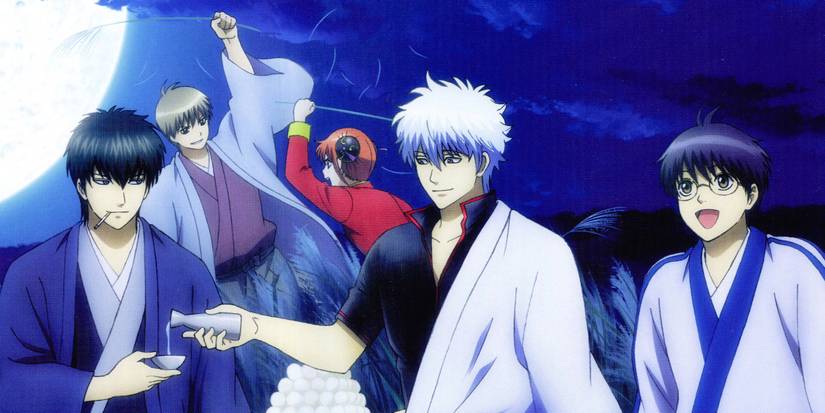 Gintama Gintoki pouring a drink for Toushirou, with Shinpachi sitting next to them and Kagura play fighting Sougo, on a moonlit night 
