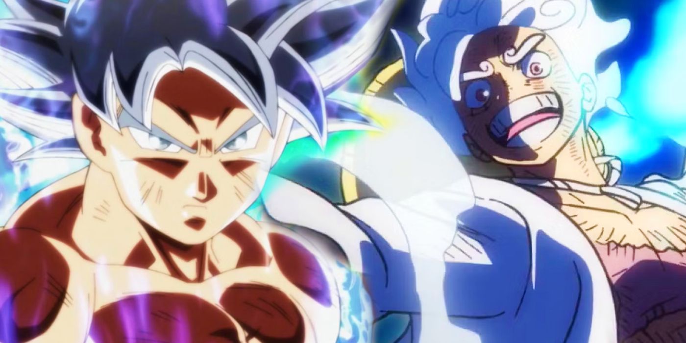 Image of Dragon Ball Super's Goku in Ultra Instinct on the left looking determined while One Piece's Luffy in Gear 5 is on the right with a big smile.
