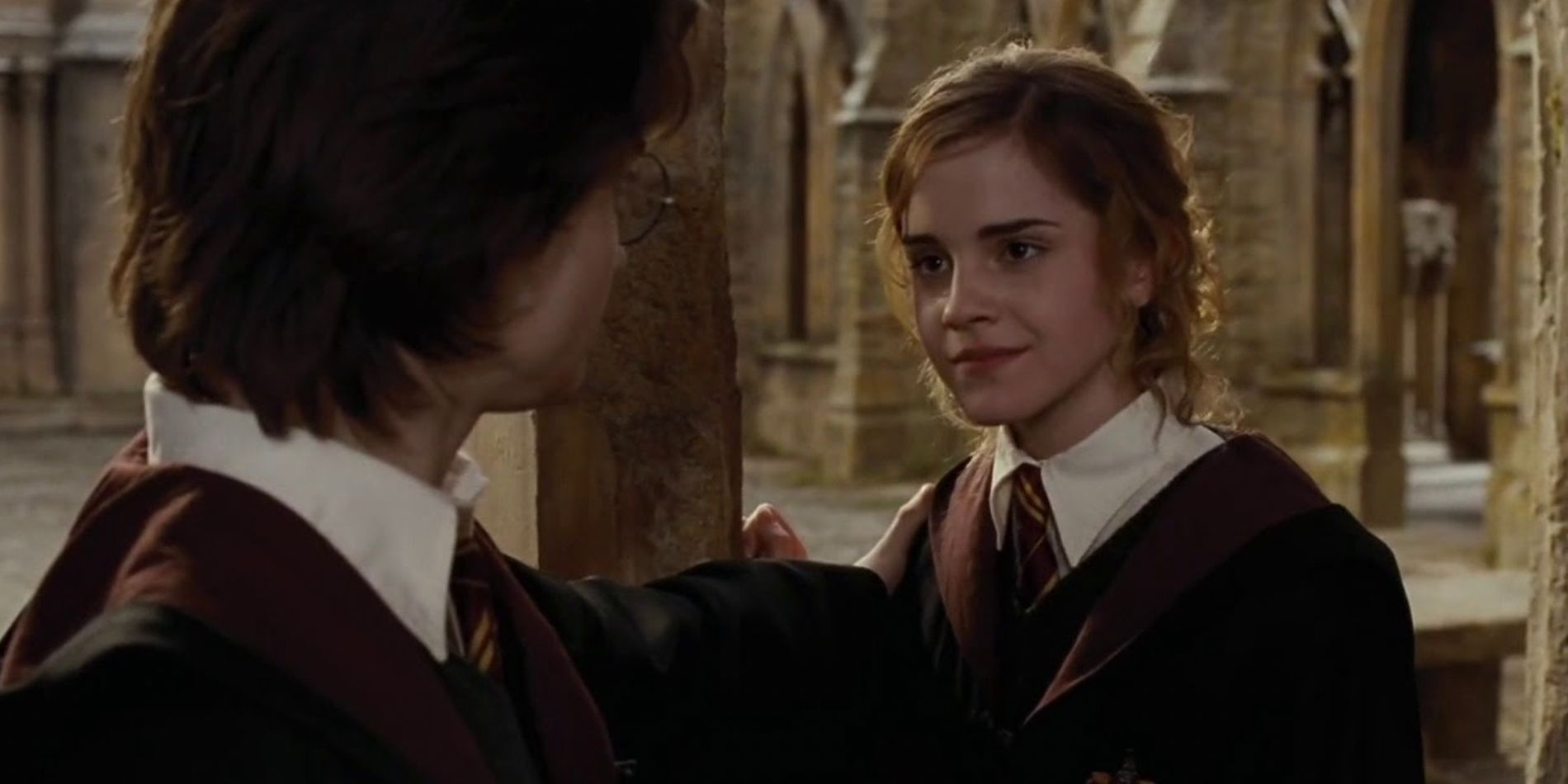 Hermione conversando com Harry no final do Cálice de Fogo