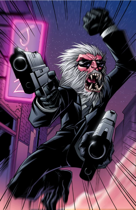 Hit-Monkey jumping out from the page and pointing a gun directly at the reader